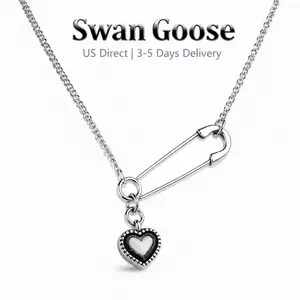 S925 Sterling Silver Safety Pin Heart Necklace for Women,Edgy Gothic Style Black Heart Pendant, Grunge Punk Style Everyday Jewelry