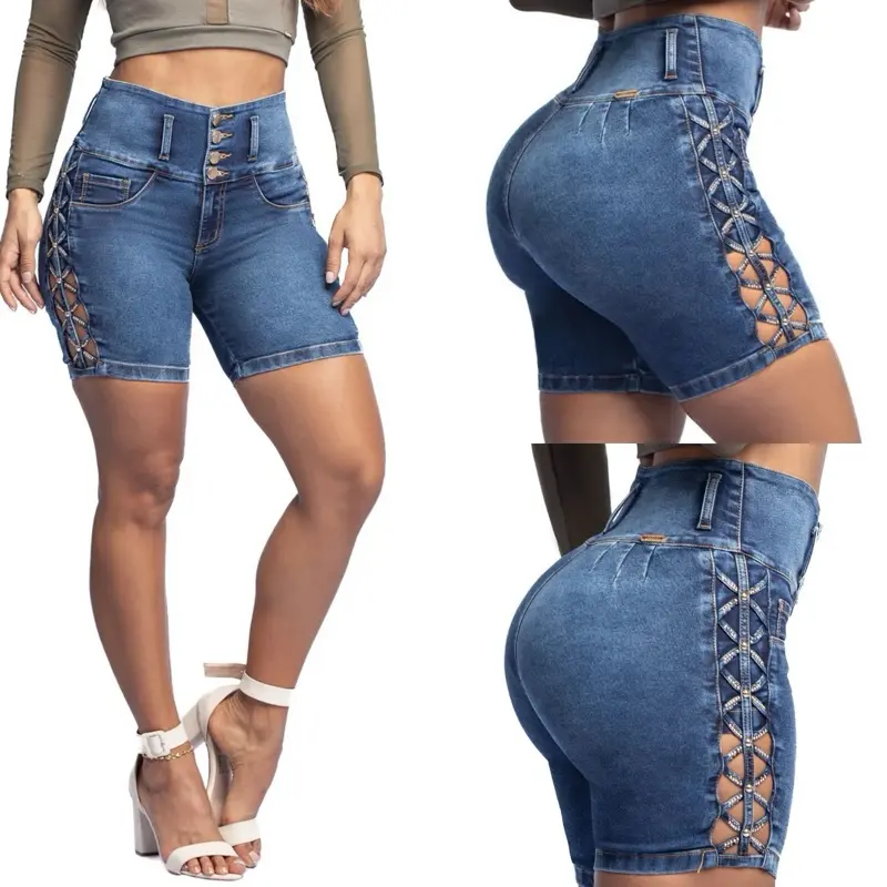 Women's Colombian Fit High-Waist Tummy Control Stretch Denim Bermuda Shorts - Lace-Up, Rhinestone Accent, Casual Bermuda Cut Bottoms for Brunch, Curve-Hugging Butt-Lifting Shaping