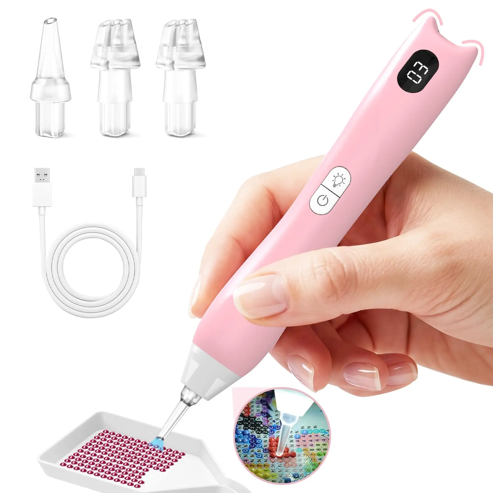 Rechargeable Battery-Powered Plastic Electric Diamond Painting Pen with Light, Display Screen, 3 Suction Modes, Cordless Use, Wax-Free Cat Ear Design, 2 Adjustable Levels - DIY Craft Supplies, Valentine's Day Gift for Adults and Kids, Art, Diamond Paintin