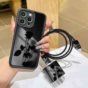 6-Piece Creative Dark Rose Pattern Phone Case Set, Includes Tpu iPhone 11/12/13/14/15/16 Pro Max Case, Charger Head Cover, Cable Protector & Organizer