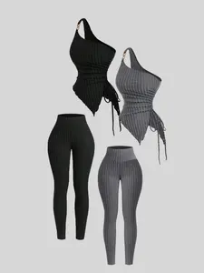 Women's Solid Ribbed Crop Tank Top & Wide Leg Pants Four-Piece Set, Casual Fashion Cozy Top & Trousers for Daily Outdoor Wear, Women's Clothing for Spring & Fall, Pajama, Loungewear