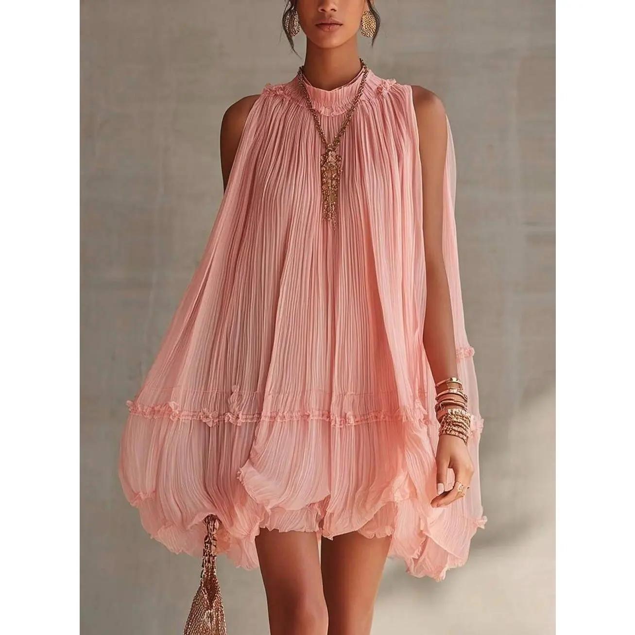 Sleeveless Pleated A-Line Babydoll Short Dress, Loose-Fitting, Large Ruffled Hem, Figure-Flattering, Dresses For Women Casual