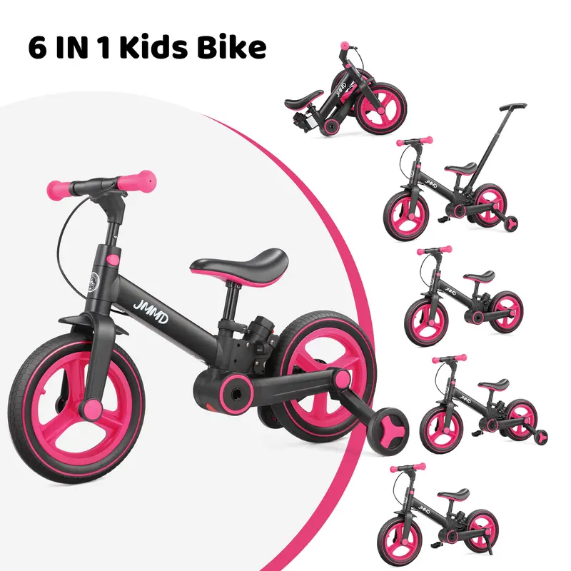 JMMD 6-in-1 Multifunction Convertible Children's Bicycle - Durable Toddler Kids Toy for 18-60 Months Boys & Girls, Adjustable Seat, Push Handle, Pedals, Training Wheels, Brakes, Kickstand, Steel Frame, All-Terrain Rubber Wheels, Outdoor Riding Gift