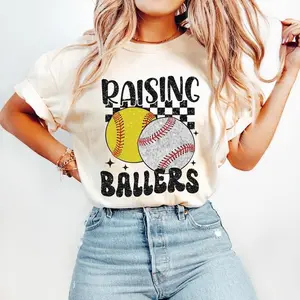 Retro Softball Baseball Tshirt, Glitter Baseball Shirt, Sports Tee, Raising Ballers T-Shirt, Baseball Mom Shortsleeve Womenswear Top Summer