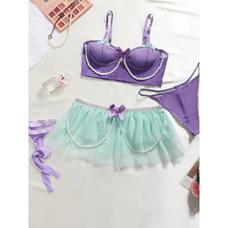4pcs Enchanting Princess Lingerie Set for Women - Lavender & Mint Green, Bow & Faux Pearl Accents, Semi-Sheer Bra with Matching Thong & Tulle Skirt, Ideal for Fairytale Cosplay & Halloween