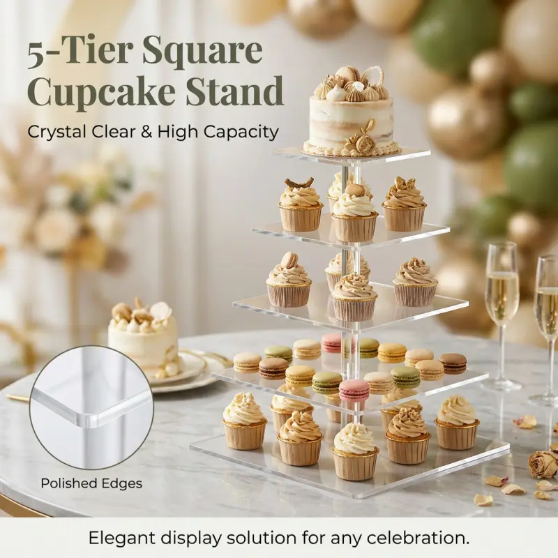 5-Tier Clear Acrylic Cupcake Stand, Tiered Dessert Display Holder for Weddings, Birthdays & Parties, Transparent Tower for Cupcakes, Cookies & Pastries, Party Dessert Stand