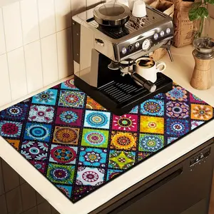 Geometric Square Pattern Anti-Slip Coffee Machine Mat, Absorbent Insulating Pad for Kitchen Countertop Drainage, Washable Protection for Appliances, Coasters