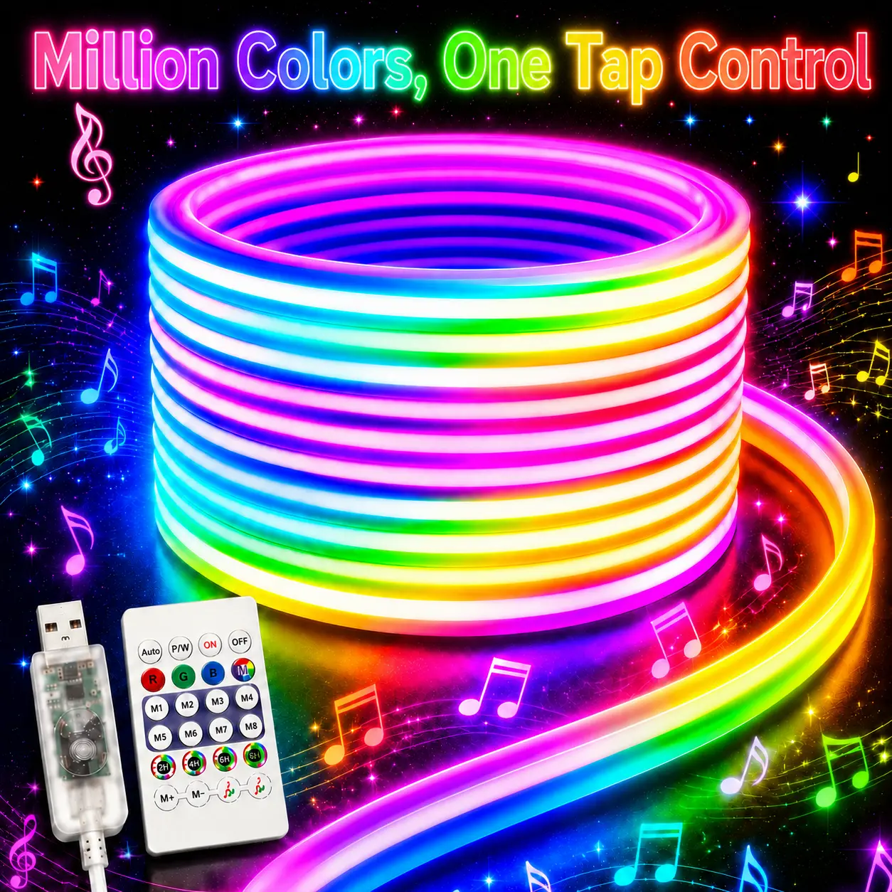 USB-Powered RGBIC LED Neon Strip Lights - Tech Gadgets with App & Remote Control, Music Sync 5V Flexible Room Decor for Bedroom Inspo, Smart Multi-Mode July 4th Party Accent Backlight