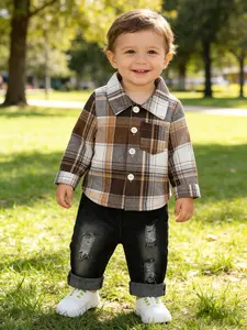 Baby Boys Fashion Spring/autumn Set, Vintage Plaid Long Sleeve Shirt, Classic Color Block, Denim Shorts, Casual Durable