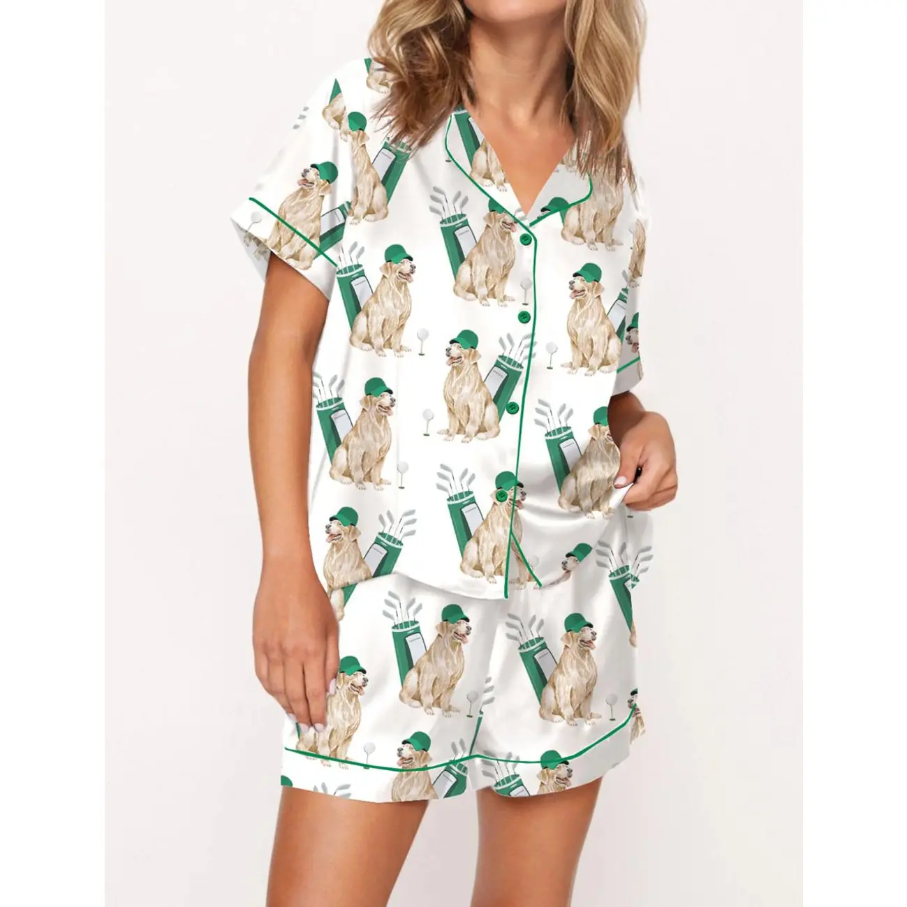 Golden Retriever Golf Cotton Pajama Set for Women - Playful and Cozy Sleepwear for Dog and Golf Lovers, Perfect for Golf Outing Evenings, Pet Playdate Mornings, or Relaxed Weekend Getaways