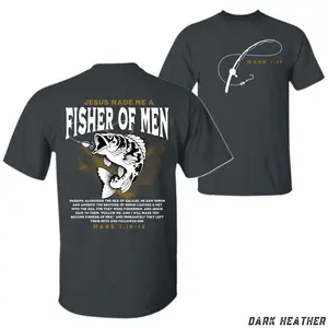 Fisher Of Men T Shirt Christian Fishing Tee Men Dark Heather Tshirt Mark 1 17 Graphic Jumper Bass Angler Gift Faith Bible Verse Present Classic Streetwear Top Outdoor Sports Crewneck Apparel