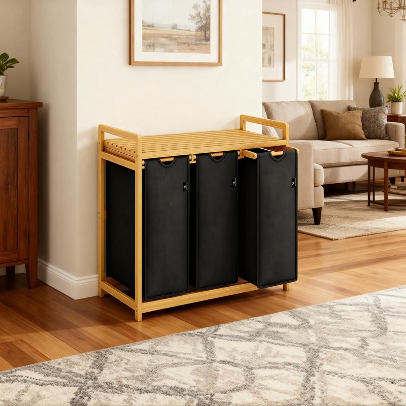 Bamboo Shelf With Laundry Hamper, Single-layer With 3 Section, Laundry Sorter with Removable Cotton Bags -Three Compartment Organizer for Clothes - Durable, Eco-Friendly, and Stylish Storage,Home Storage Solution.