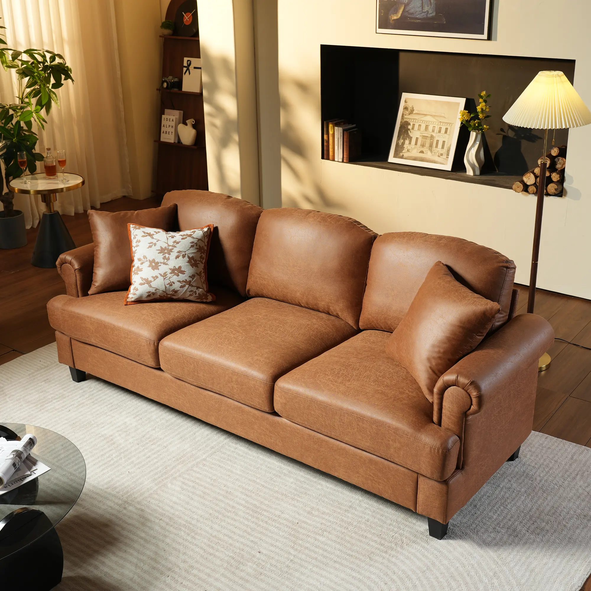 【Deals For You】OVIOS Mid-Century Modern 3-Seater Sofa, Corduroy & Faux Suede Upholstered Couch with Pocket Spring Cushions, Deep Seat & Solid Wood Legs for Living Room, Apartment & Home