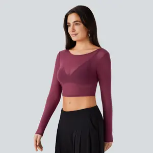 Halara Boat Neck Long Sleeve Sheer Mesh Cropped Party Top