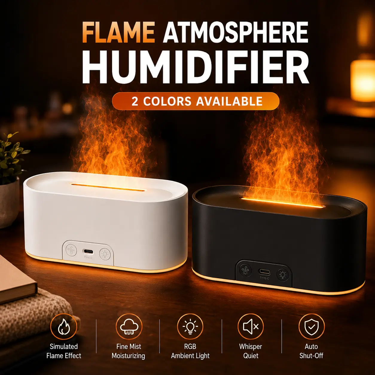 Flame Mist Desktop Humidifier with RGB Light and USB-C Power for Bedroom, Office and Living Room