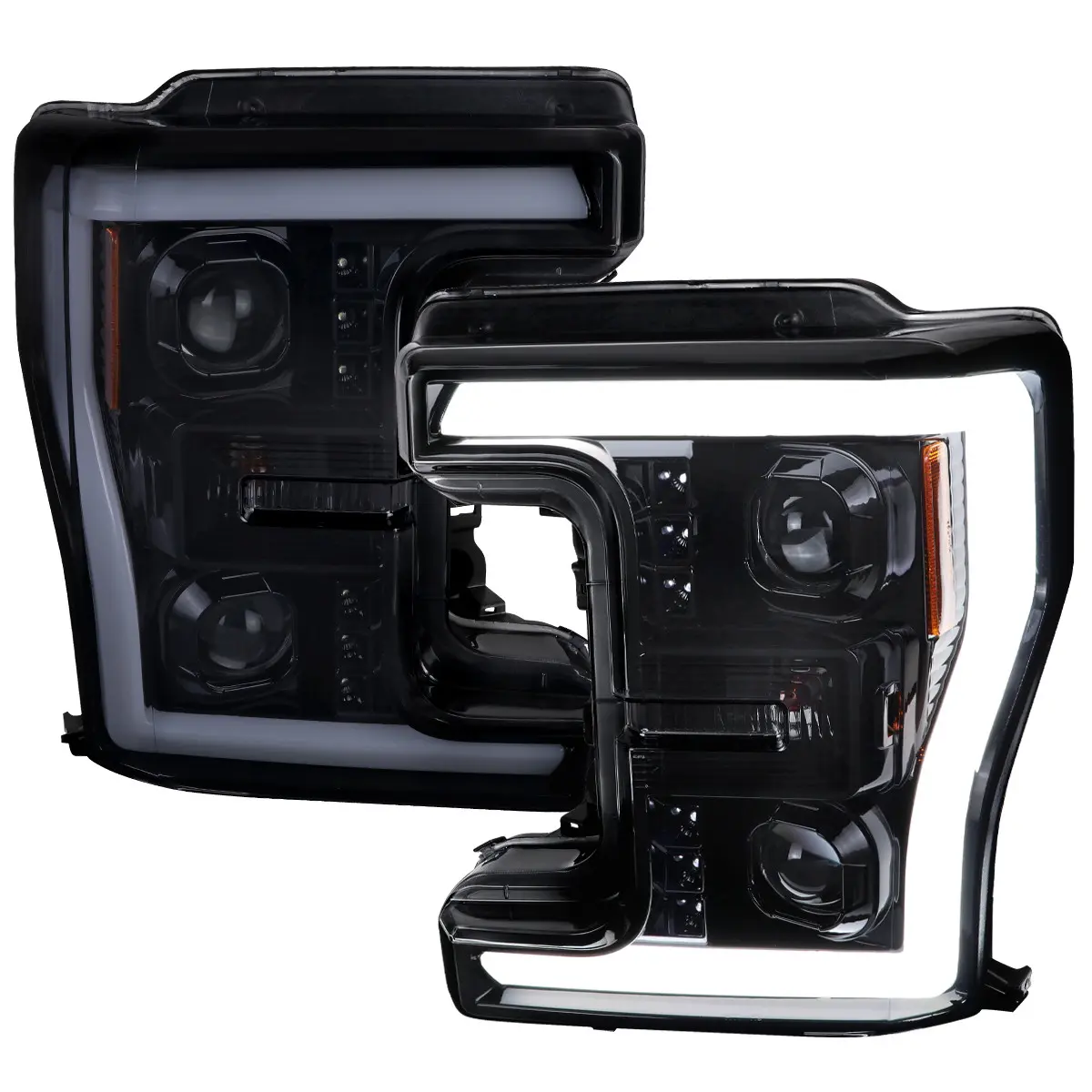 2017-2019 Ford F-250 F-350 F-450 F-550 Switchback LED C-Bar Projector Headlights (Glossy Black Housing/Smoked Lens)
