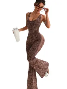 Mother's Day Gift, Women Leopard Print High Waist Jumpsuit, Hollow Out Criss Cross Backless Design, Slim Fit Flared Pants Yoga Outfit, Trendy Activewear Fitness Workout Bodysuit for Women