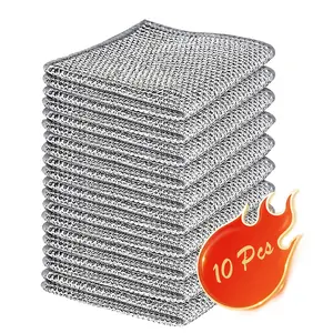 10pcs Dual-Layer Silver Color Steel Wool Dishcloths, Kitchen Cleaning Brushes, Multi-Functional Metal Wire Scrubbers, Durable & Versatile, Cleaning Pad