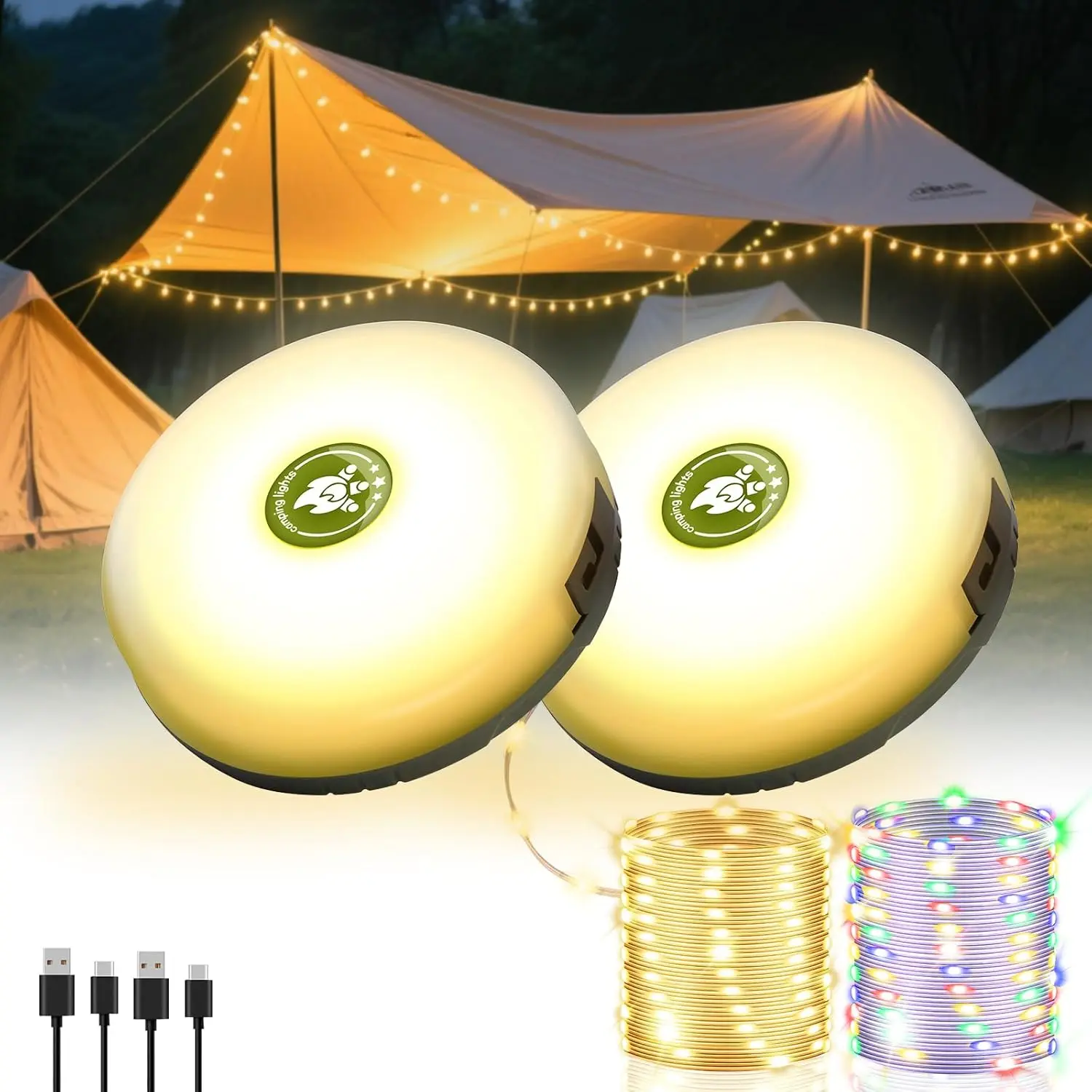 Retractable LED Camping Light, 32ft 4-in-1 Portable Lantern with 8 Color Changing Modes (RGB & Warm White), USB Powered 2000mAh Battery, Waterproof with Magnetic Base for Tents & Patios, Led Light Strip, Adjustable Brightness Led