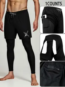 Men's Dual-Layer Multi-Pocket Sports Pants, Quick-Dry Design, Drawstring Waist, Elastic Belt with Towel Pocket, Ideal for Running and Training, Activewear Fitness