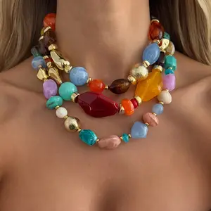 Women's Boho Style Beaded Multilayer Collarbone Necklace - Maillard Tone Autumn Resin Beads, Retro Irregular CCB Chain, Dainty Stackable Vintage INS Fashion Jewelry for Daily, Party Wear, Boho Necklaces, Beaded Necklace Stack