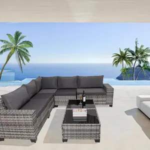 7-Piece Outdoor Patio Furniture Set with All-Weather Wicker Rattan Sectional Sofa, 2 Tempered Glass Coffee Tables & Washable Grey Cushions