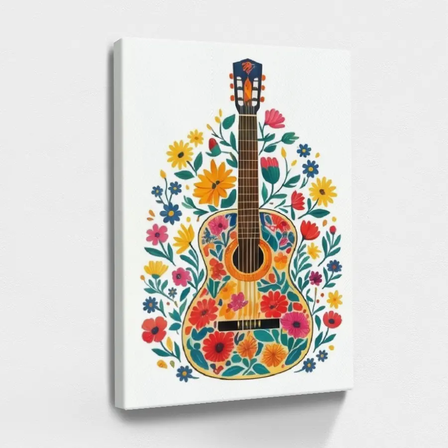 1pc Wood-Framed Mexican Artistic Guitar Motif Artwork - Colorful Oil Paint Canvas Wall Print with Flower & Leaf Design, Moisture Proof Contemporary Art, 1-Piece Home Decor Poster for Bedroom, Artist Gift, One-Piece Painting Ornaments