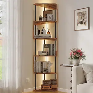 Industrial Corner Shelf with LED Lights & Mirror-Effect Panels, 6-Tier Modern Corner Bookshelf with Remote Control Color-Changing Lights, Space-Saving Display Unit for Bedroom & Living Room