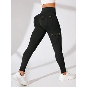 Women's Solid Color Flap Pocket Design High Waist  Sports Leggings, High Stretch Casual Comfy Breathable Butt Lifting Skinny Pants for Yoga Gym Workout Running, Ladies Sportswear for All Seasons, Skinny Yoga Bottoms
