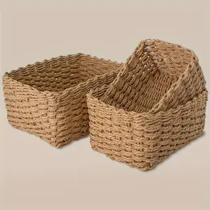 Set of 3 Paper Rope Storage Baskets for Organizing Container Bins for Shelves Cupboards Drawer, Small Woven Basket fengshui ornament heal stone silk  flowers fake religious home laundry room  Organiser Yellow bouquet night lamp saving bank desktop craft