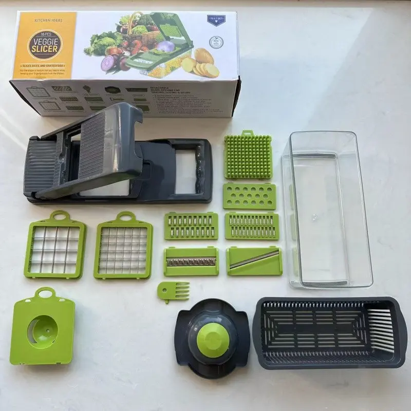 Vegetable Chopper with Container, Vegetable Cutter, Cheese Grater Slicer, Cabbage Shredder, French Frier, Stainless Steel, Kitchen Manual Cooking Tool