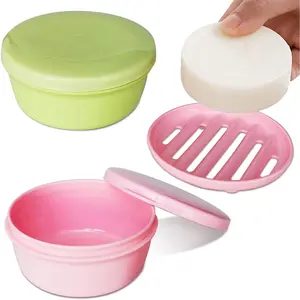 2 Pack Portable Round Soap Dishes, Plastic Soap Container with Lid Leak-Proof Drain Soap Box Holder Soap Container for  Traveling Outdoor Hiking Camping Gym (Green + )