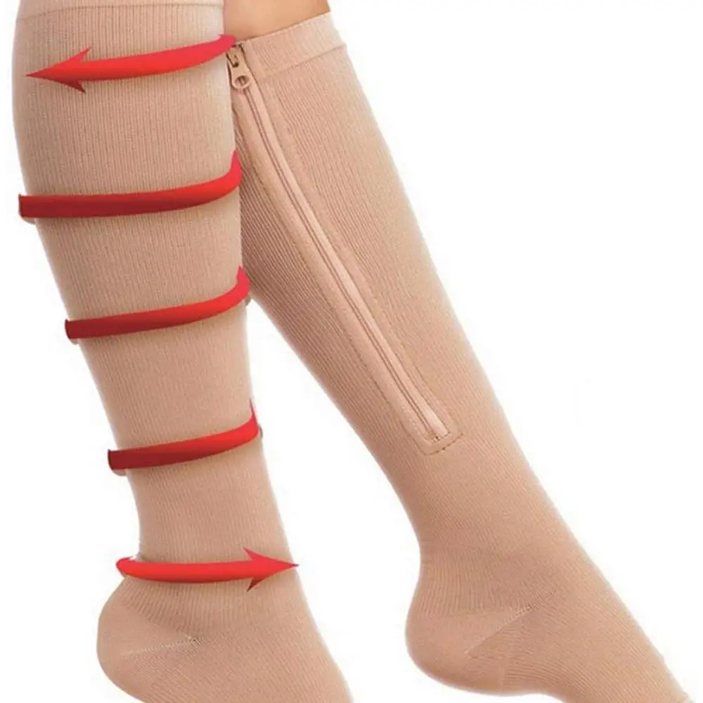 2-Pack Zipper Compression Socks for Men and Women, Knee-High Open Toe Stockings with 20-30mmHg Support for Circulation and Swelling - Beige (L/XL), Swelling Legs, Swollen Legs Solution, Dad, Pregnancy, Nurse, Leg Care