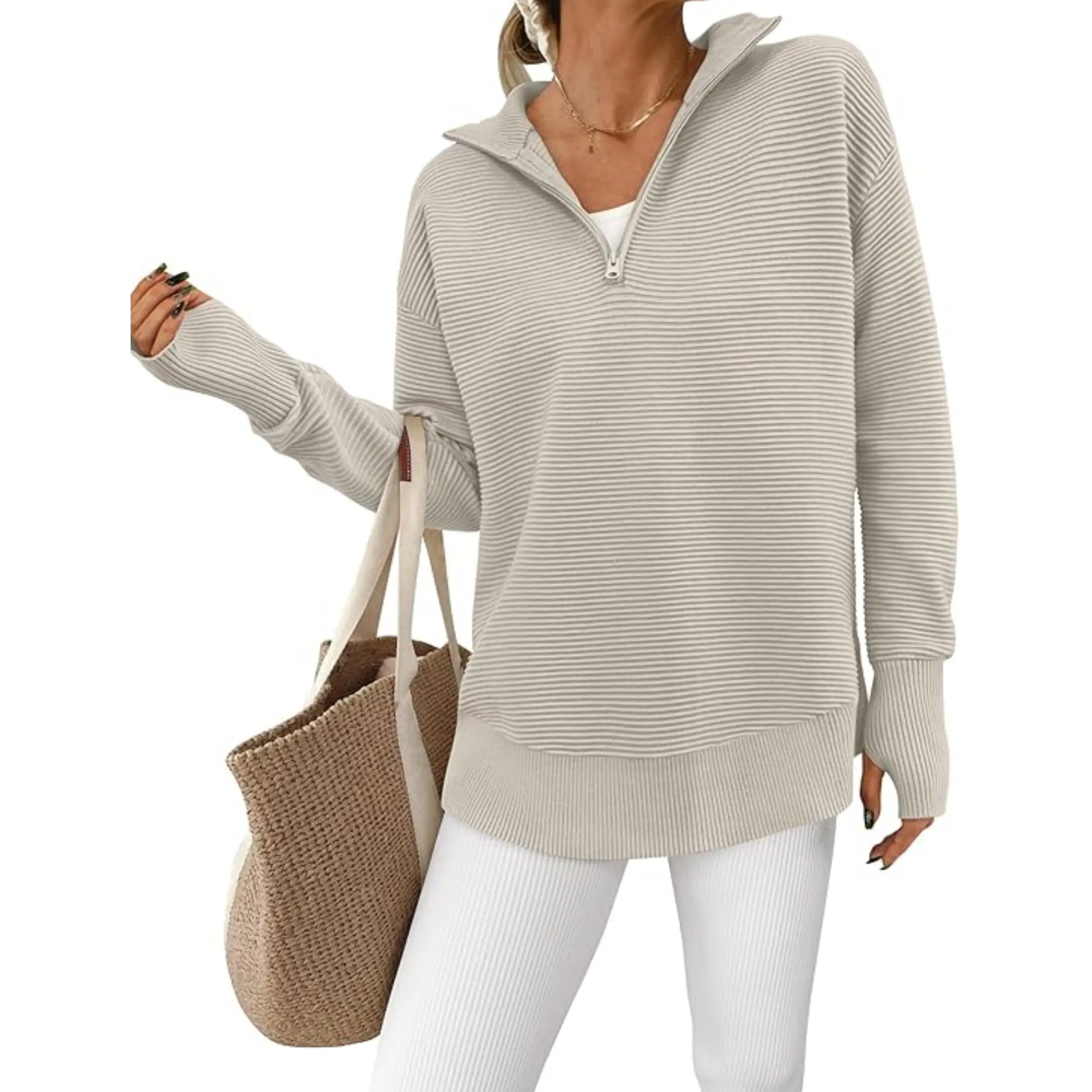 EKOUAER 2026 Women's Long-Sleeve Quarter-Zip Pullover Sweatshirt, Relaxed Fit, V-Neck, Turn-Down Collar