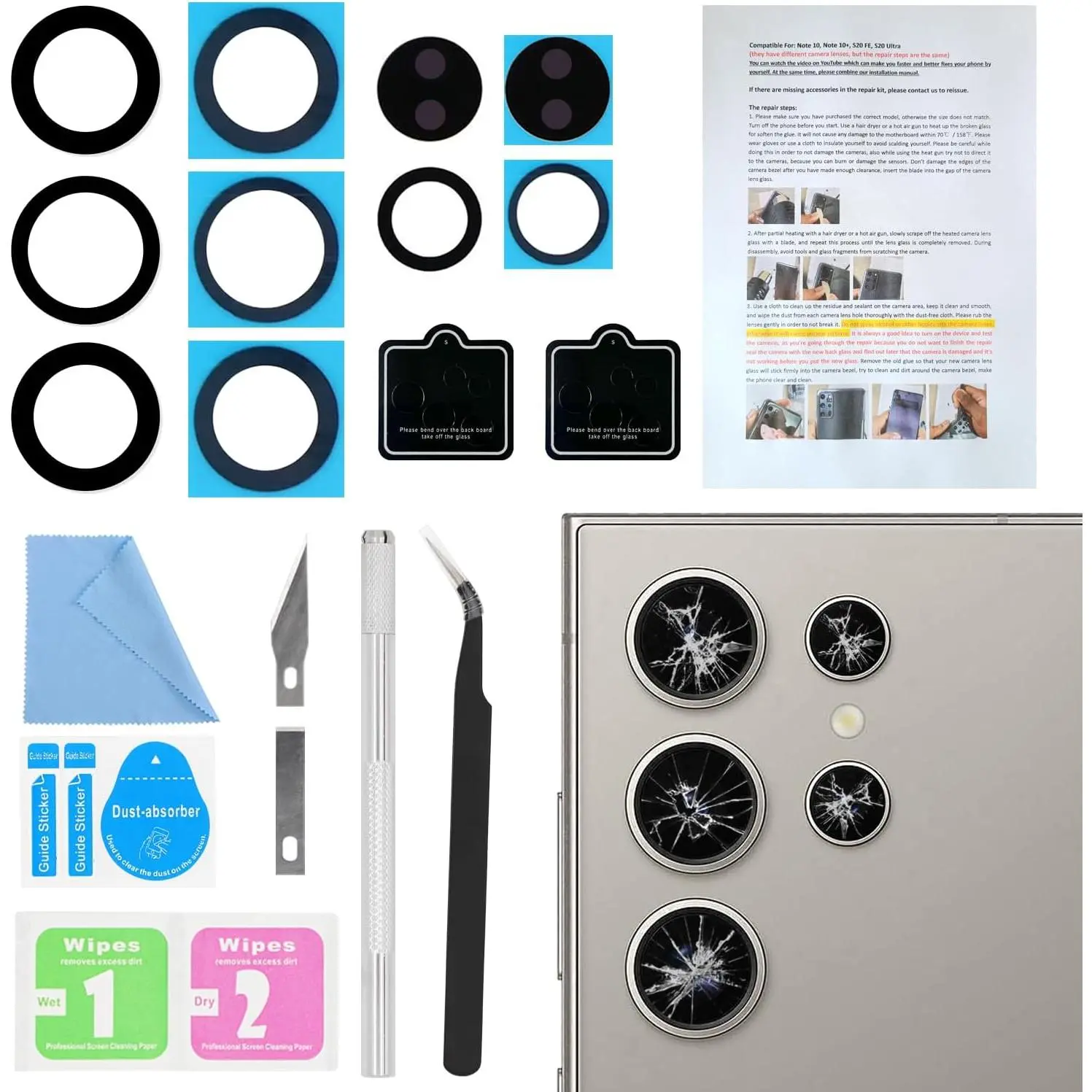 2PCS for Galaxy S24 Ultra Back Rear Camera Lens Glass Replacement, ASDAWN Back Lens Glass for Samsung Galaxy S24 Ultra 6.8 inches All Carriers with Free Lens Film + Installation Manual + Repair Tool Set