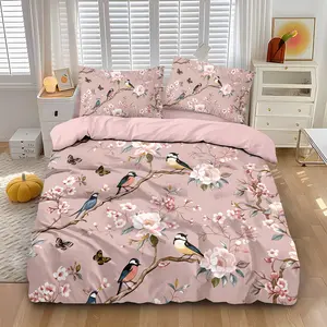 3-piece quilt cover set (1 quilt cover +2 pillowcases, coreless) Gentle foundation flower-and-bird quilt cover with magnolia flower branch bird butterfly print soft and comfortable bedding, suitable for all rooms