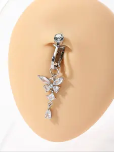 Rhinestone Decor Butterfly Design Fake Navel Ring, Fashionable Belly Ring, Belly Piercing Ring Chain for Women & Men for Daily Decoration, Trendy All-match & Exquisite Body Jewelry for Birthday Gift, Belly Button Jewelry, Fake Belly Rings