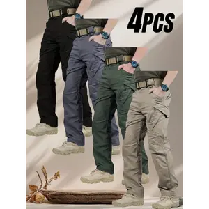 4 Pairs Men's High-Performance Tactical Cargo Pants - Durable Tear-Resistant Multi-Pocket Design, All-Season Outdoor Hiking Training Camping Work Trousers (No Belt Included), Camping Gear,  Fabric, Secure Drawstring Waistband Menswear Polyester