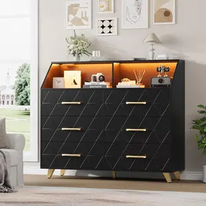 47-Inch Lighted 6-Drawer Cabinet for Bedroom, Contemporary Geometric Design, Gold Handles & Legs, LED Accents, Charging Station with USB/AC Outlets, Spacious Storage, Black Modern Dressers