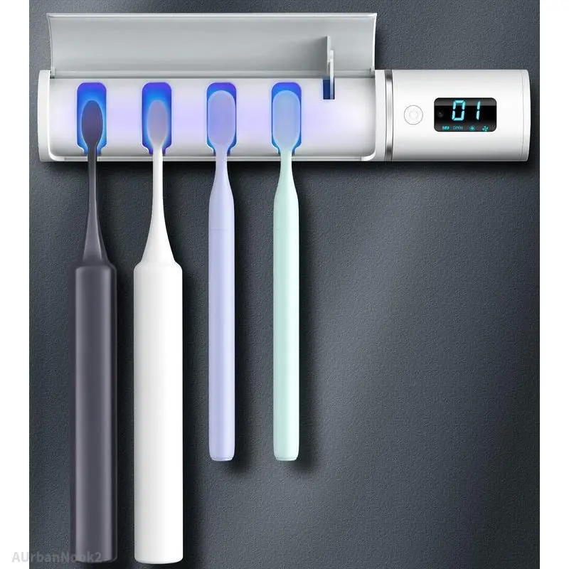 Toothbrush Cleaner, Toothbrush Sanitizer, UV-C Rechargeable Wall Mounted Toothbrush Holder Cleaner with Fan Drying & LED Display, Intelligent Sensing Toothbrush Cleaner for Bathroom, 4 Toothbrush Slots & Timer FunctionAUrbanNook2AB11Monlisse