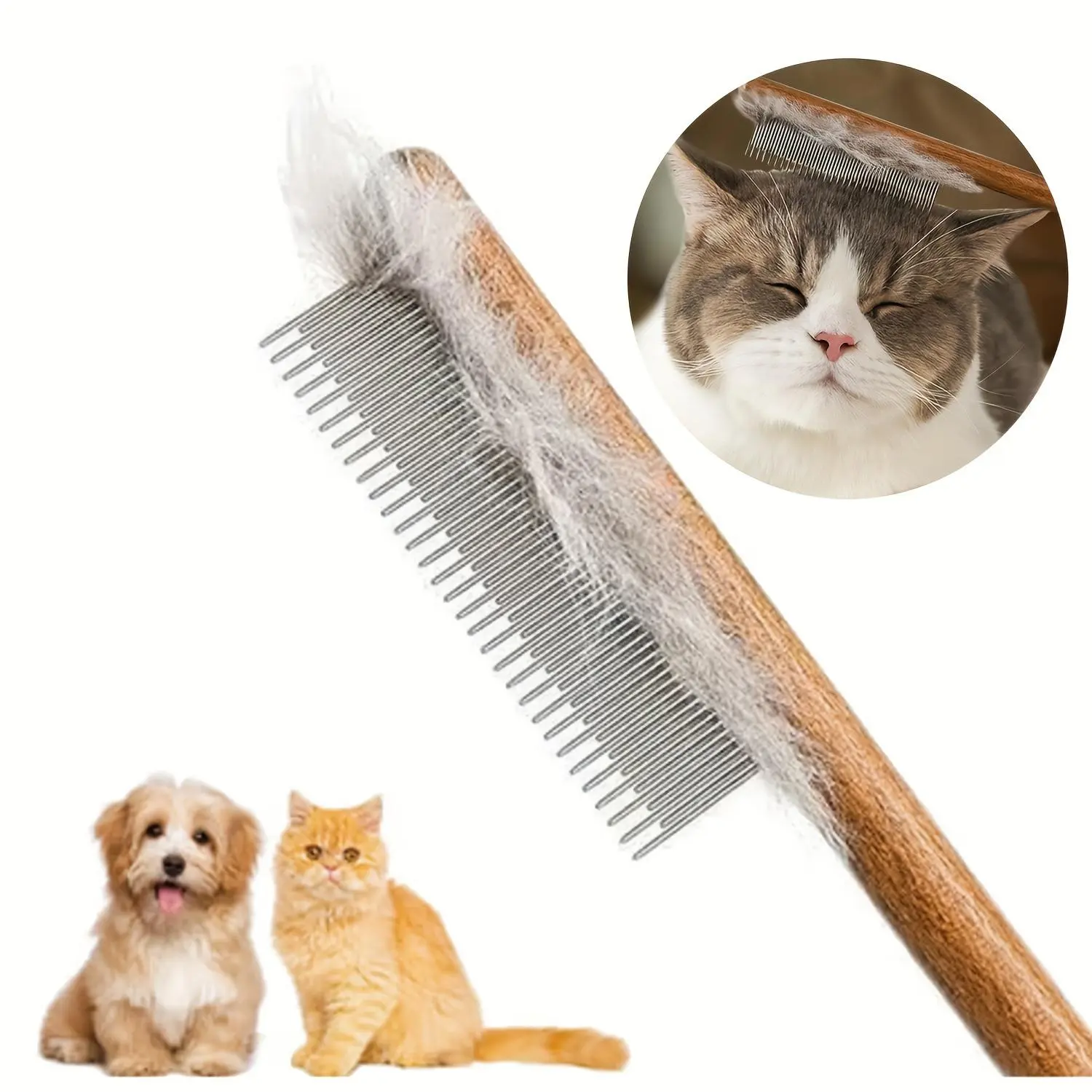 1 cat hair removal comb, floating hair removal brush, Shedding Brush with wooden handle, grooming tool for dogs, cats and small pets, Grooming Supplies