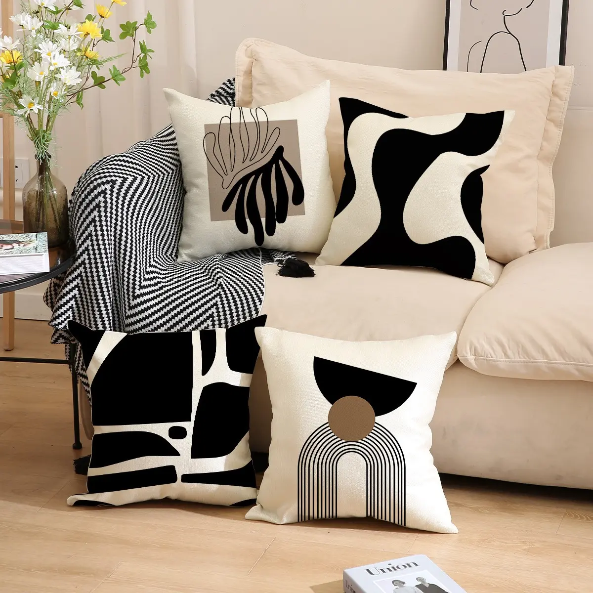 4 Piece Pillowcase Set, Modern Minimalist Geometric Pattern,White and Black, Linen Cozy Square Decor, Bohemian Farmhouse Decorative Cushion Covers, Warm and Sophisticated Home Decor, Throw Pillow Covers No Core Included