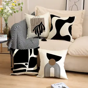 4 Piece Set Modern Geometric Print Linen Pillow Covers, Fashionable Home Decor Bedroom Decorative Accessories for Living Room Sofa Bedroom Office Nap