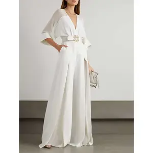 Women’s plain wide-leg jumpsuit with contrast mesh, belt, and pockets; elegant batwing-sleeve V-neck jumpsuit for spring and fall; women’s clothing for everyday wear