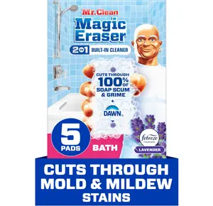 Mr. Clean Magic Eraser Sponge, Bathroom Cleaner, Shower Cleaner, Tub Cleaner, Soap Scum Remover, Bathroom Cleaning Supplies, Dawn Cleaning Power with Febreze Lavender Scent, 5ct