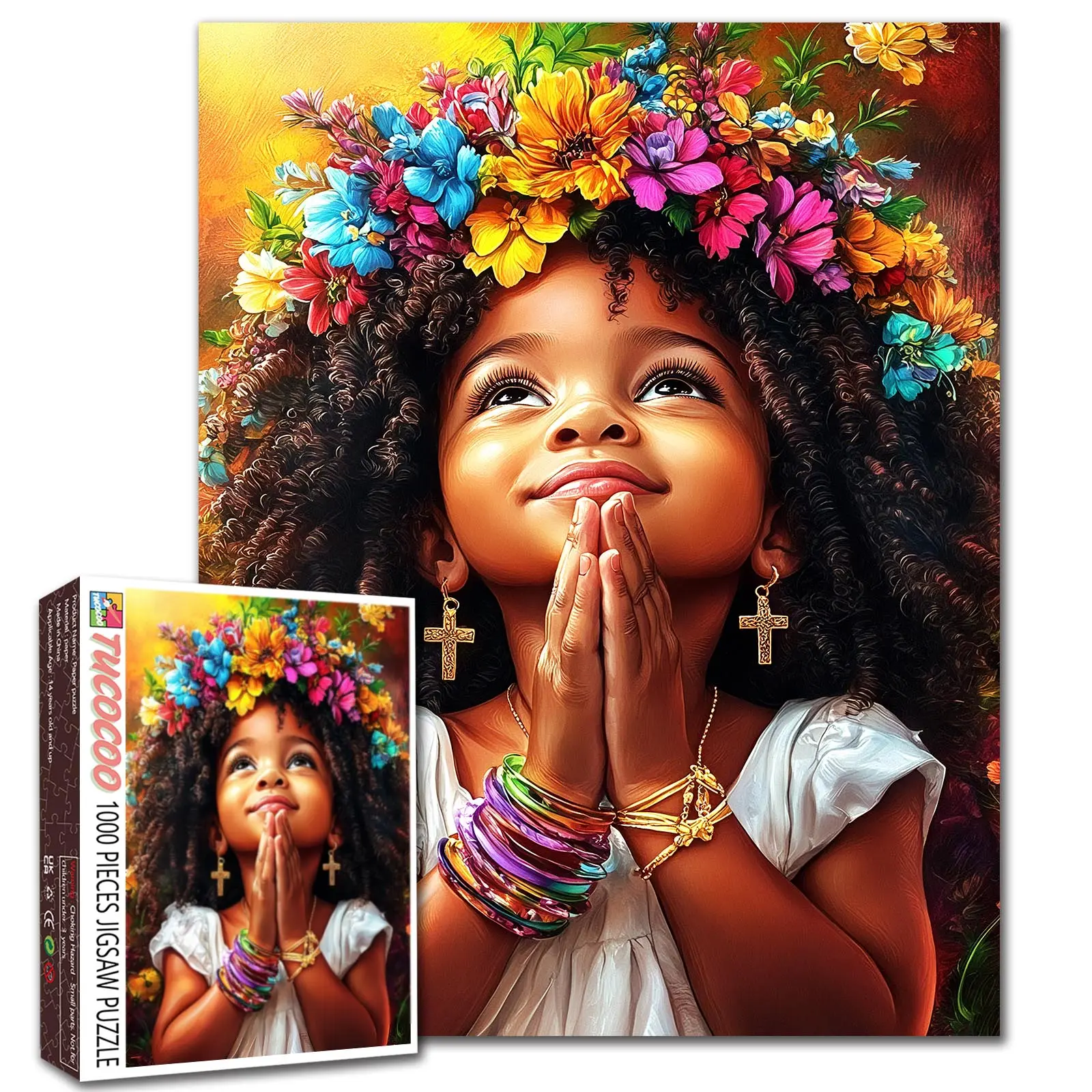 Tucocoo Floral Crown African Girl 1000 Pieces Jigsaw Puzzle, vibrant portrait with colorful flowers and praying pose illustration, relaxing Family Themed Jigsaw Puzzle game, stress relief brain training challenging wall decor gift, 27.5x20inch(70x50cm)