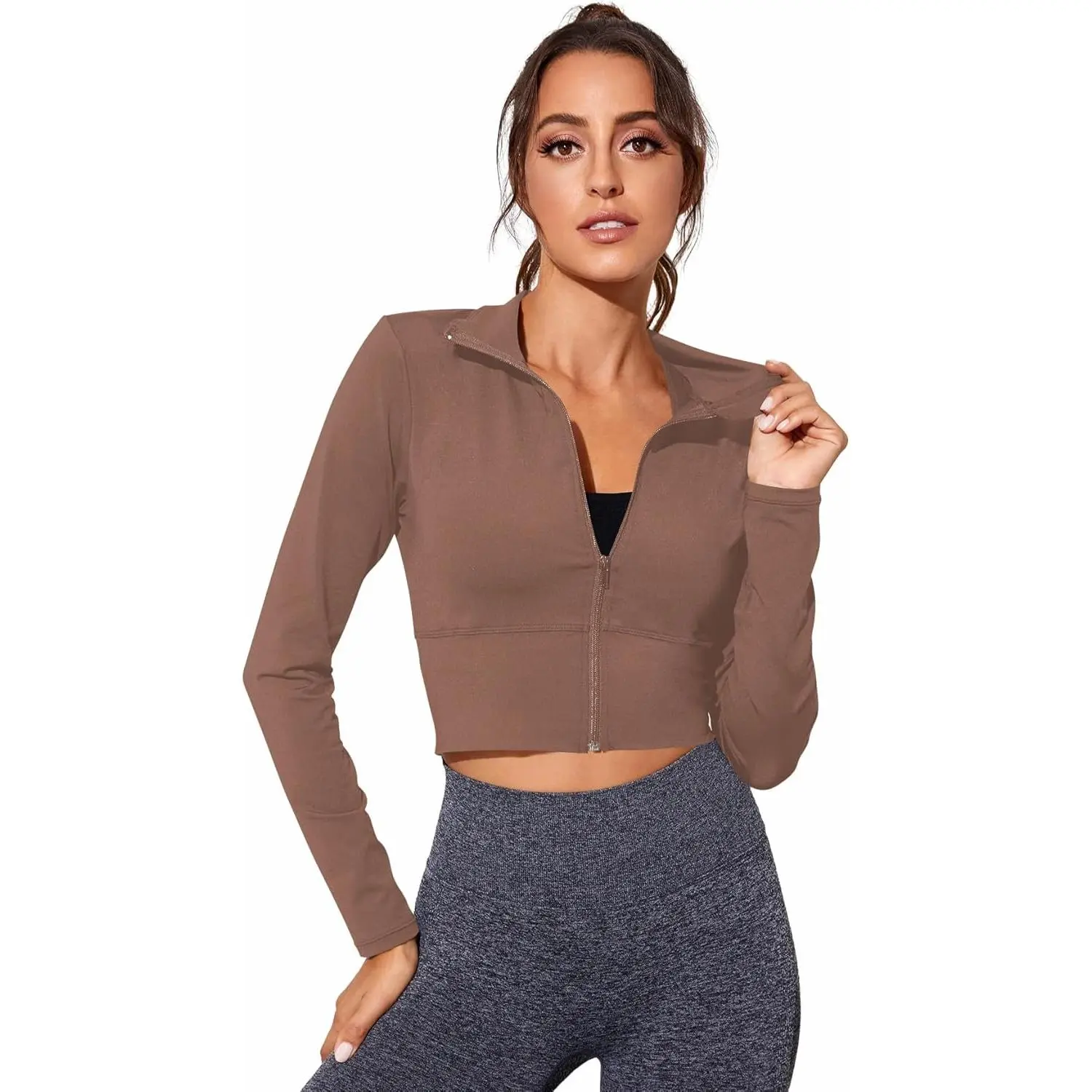 Women's Lightweight Full Zip Athletic Long Sleeve Crop Running Workout Yoga Sportwear Jacket