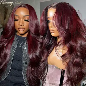 【Blend】9X6 Wear And Go Glueless Lace Frontal Wig Body Wave Colored Burgundy Red Brazilian 13X4 13x6Lace Front Human Hair Wigs Glueless Ready To Wear Premium Fiber With Human Hair Blend Wig