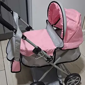 Baby Doll Stroller Pram with Basket,Adjustable Handle,Light Gray/Pink,Dolls Up to 22" Doll, Dolls to Play Baby Doll Convertible Lightweight Pram Stroller for Kids
