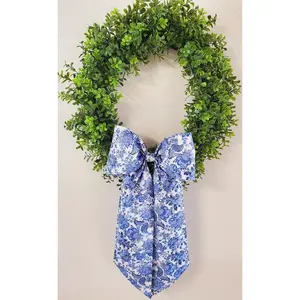 Blue Toile Wreath Bow Sash: Handmade Cotton Decor